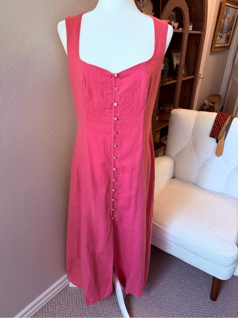 Zara Linen Blend Maxi Dress L Pink Square Neck Button Front Coastal